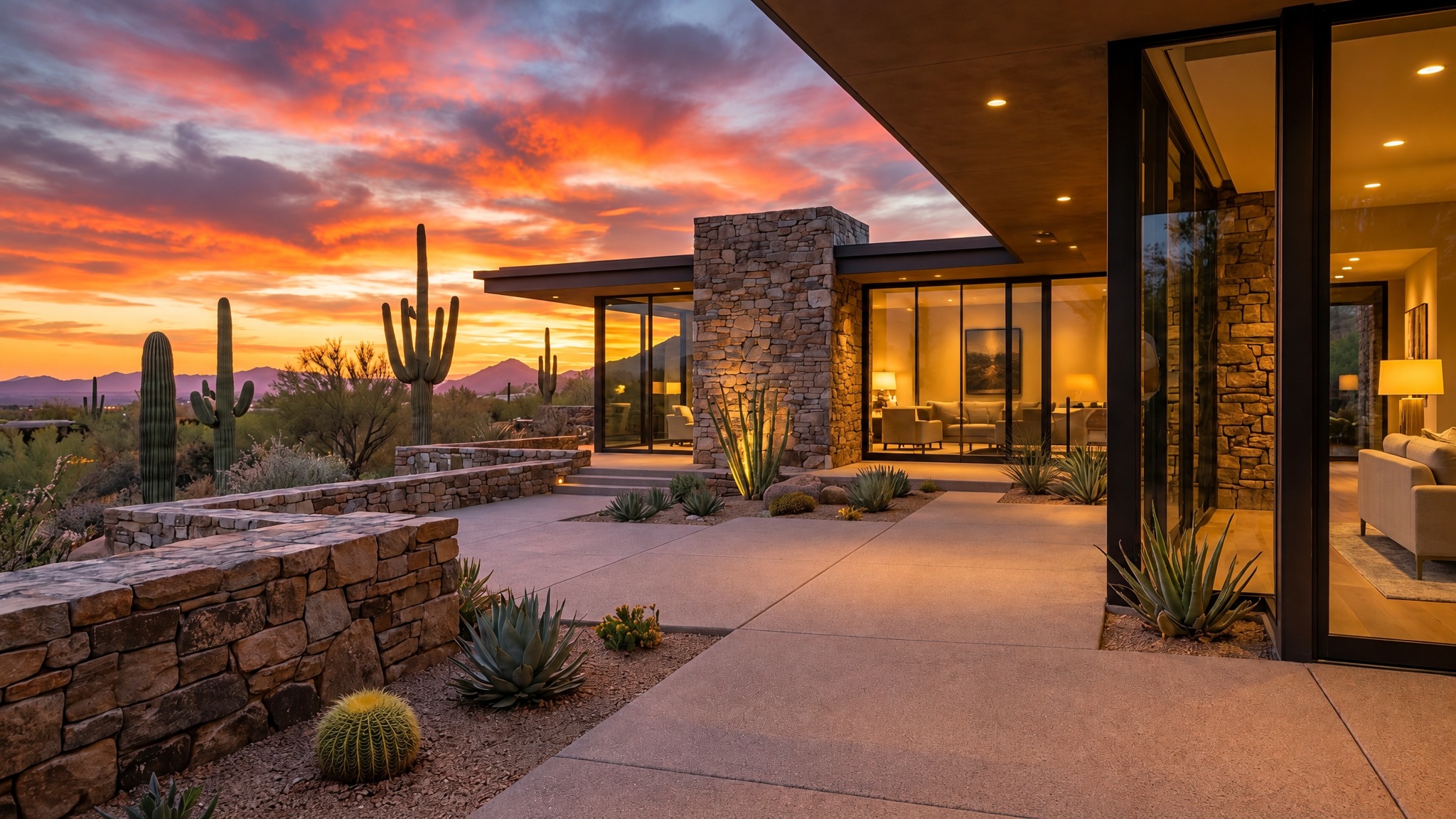 Paradise Valley luxury desert home at sunset with saguaros