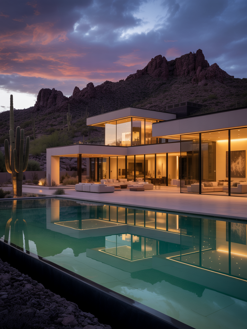 Luxury Arizona desert home at twilight with mountain views